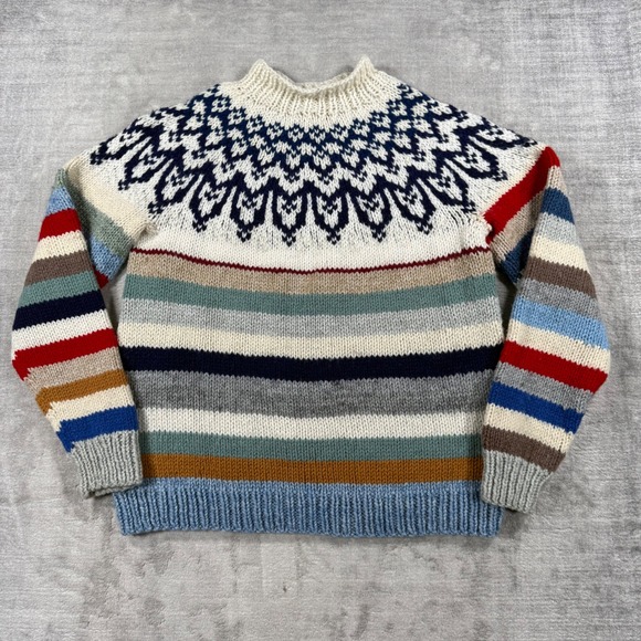 Handmade Sweaters - Vintage Handknit Sweater Womens Large White Fair Isle Striped Nordic Chunky Knit